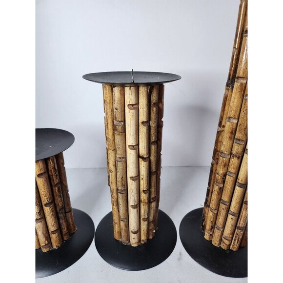 Vintage Tall Cylinder Bamboo Votive Candle Holder Set Of Three Rustic Bohemian - Picture 3 of 11
